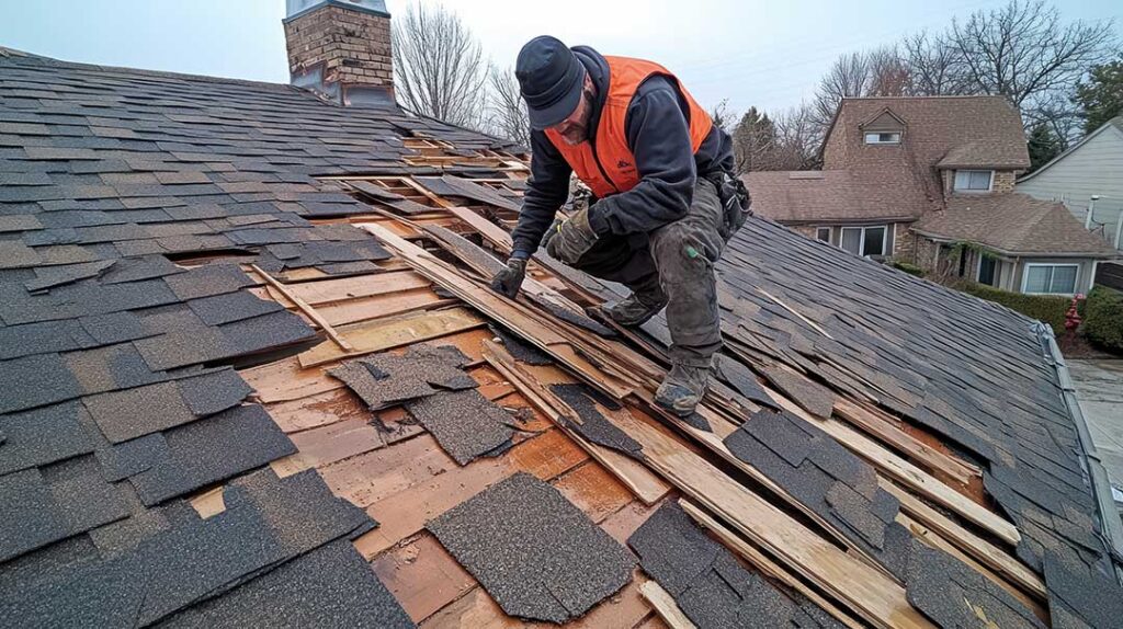 A worker inspecting wooden roof decking after shingles have been removed.