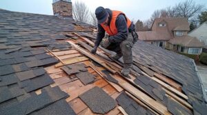 A worker inspecting wooden roof decking after shingles have been removed.
