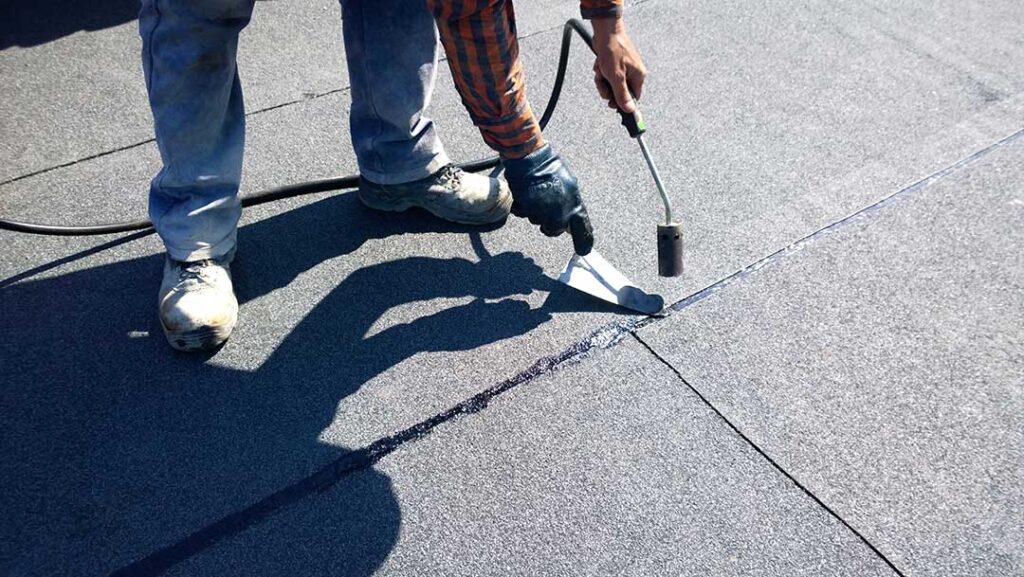 A homeowner examines dark roof streaks and a ceiling water stain with a flashlight.